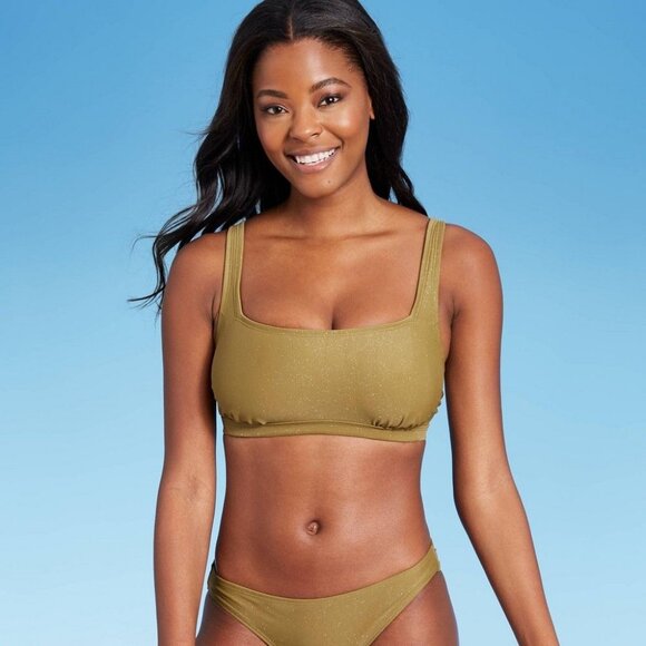 Xhilaration Juniors' Metallic Bralette Bikini Top Army Green D/DD - Picture 1 of 4